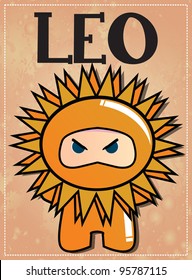 Zodiac sign Leo with cute black ninja character, vector