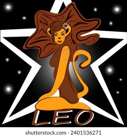 zodiac sign Leo, cute Leo girl calm and confident against the backdrop of a black sky with a white star