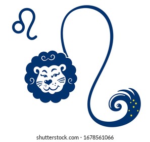 The zodiac sign Leo. Cute lion in the form of the astrological symbol of the constellation Leo. Vector illustration isolated on white.
