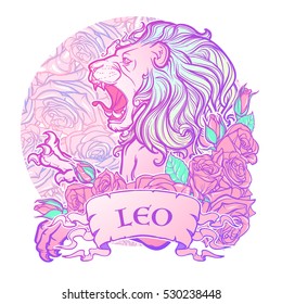 Zodiac sign of Leo with a decorative frame of roses. Astrology concept art. Tattoo design. Sketch in pastel pallette isolated on white background. EPS10 vector illustration.