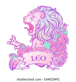 Zodiac sign of Leo with a decorative frame of roses. Astrology concept art. Tattoo design. Sketch in pastel pallette isolated on white background. EPS10 vector illustration.