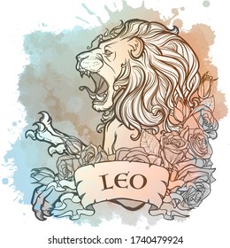Zodiac sign of Leo, element of Fire. Intricate linear drawing on watercolor textured background. Roses decorative garland. Square format. EPS10 vector illustration.