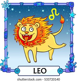 Zodiac sign Leo. Fantastic animation animal. A background - the star sky, a decorative frame. Vector illustration.