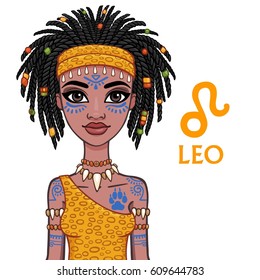 Zodiac sign Leo. Fantastic princess, animation portrait. Vector illustration isolated on a white background.