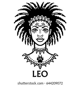 Zodiac sign Leo. Fantastic princess, animation portrait. Vector monochrome illustration isolated on a white background.