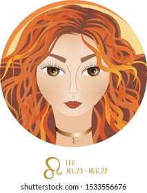 Zodiac sign Leo, female portrait with a long red hair in a round frame. Idea of astrological prediction and fortune. Perfect as an avatar, calendar or a postcard.