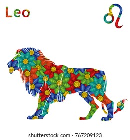 Zodiac sign Leo with filling of colorful stylized flowers on a white background, vector illustration