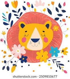 Zodiac sign Leo with floral flora, vector illustration, white isolated background.