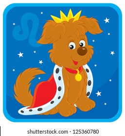 Zodiac sign of Leo as a funny pup wearing a king crown and cloak