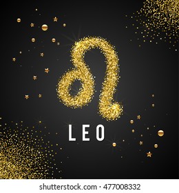 Zodiac Sign Leo Gold Tinsel, scattered on black background. 