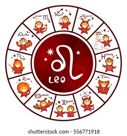 Zodiac sign Leo with horoscope characters wheel isolated on white background. Design elements for flyers or greeting cards and etc.