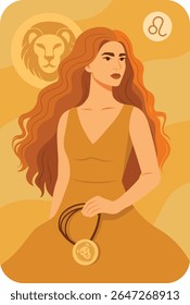Símbolo zodíaco Leo. Horóscopos. Astrologia. Ilustração vetorial de uma mulher bonita à imagem de Leo, cabelo solto como uma juba, um pingente em sua mão. Símbolo de fogo, força, carisma