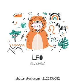 Zodiac sign Leo illustration. Astrological horoscope symbol character for kids. Colorful card with graphic elements for design. Hand drawn vector in cartoon style with lettering