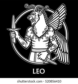 Zodiac sign Leo. Image of the person - a centaur. White drawing isolated on a black background based on motives of Sumerian art. Vector illustration.