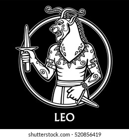Zodiac sign Leo. Image of the person - a centaur. White drawing isolated on a black background based on motives of Sumerian art. Vector illustration.