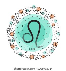 Zodiac sign Leo with ink grunge frame isolated on white background. Zodiac constellation. Design element for horoscope and astrological forecast.