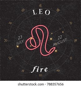 Zodiac Sign Leo Inverted Logo and Fire Lettering with Leo Constellation Stars and Dates in Zodiac Circle - Gold and White Elements on Black Rough Paper Background - Vector Mixed Graphic Design