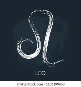 Zodiac sign Leo isolated on chalkboard background. Design element for horoscope and astrological forecast.