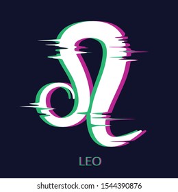 Zodiac sign Leo isolated on dark background. Glitch stereo effect. Zodiac constellation. Vector illustration for horoscope and astrological forecast.