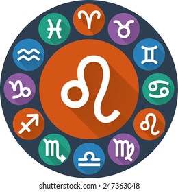 Zodiac sign - Leo (Lion). Astrological symbol. Flat rounded icons with long shadow. Vector illustration.