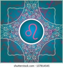 Zodiac sign Leo - the Lion. What is Karma? One of the zodiacal signs of European astrology placed on seamless doodle frame.