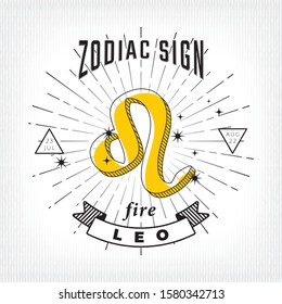 Zodiac Sign Leo Logo and Fire Lettering with Leo Constellation Stars and Dates over Rays Circle - Black on White Striped Background - Vector Vintage Graphic Design