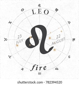 Zodiac Sign Leo Logo and Fire Lettering with Leo Constellation Stars and Dates in Zodiac Circle - Black and Beige Elements on White Rough Paper Background - Vector Vintage Graphic Design