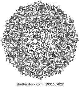 Zodiac sign Leo mandala, meditative coloring page with triangular striped ornaments vector illustration