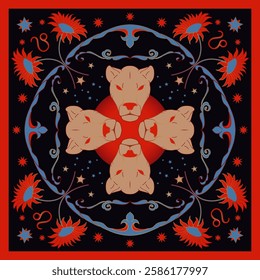 Zodiac Sign Leo Neck Scarf. Vector Astrology Design for Neckerchief, Carpet, Kerchief, Bandana, Shawl, or Tablecloth