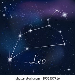 Zodiac sign Leo on against the background of the starry sky. Constellation Leo on starry night background. Astrological zodiac against the background of space.