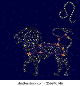 Zodiac sign Leo on a background of the starry sky with the scheme of stars in the constellation, vector illustration