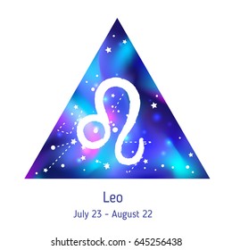 Zodiac sign Leo over hipster triangle with space galactic starry texture inside. Night sky full of stars. Vector galaxy design for horoscope predictions, fortune telling, posters. Inner space.