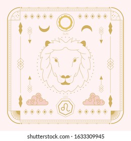 Zodiac sign - Leo and its planet ruler Sun. Thin linear vector design.