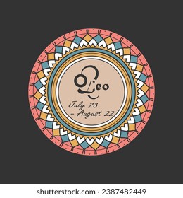 Zodiac sign Leo in a round paterned frame. Multi-colored icon, emblem on a black background. Vector illustration svg