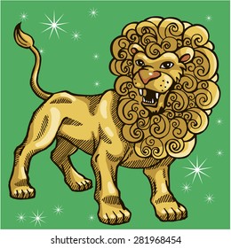 Zodiac sign - Leo. Strong lion with large mane. Vector illustration. Colored. Green background
