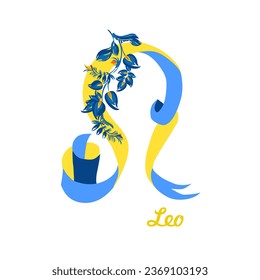 Zodiac sign Leo. Traditional Ukrainian painting of Petrykivka. Elements of blue and yellow floral ornament. Decorative composition.
