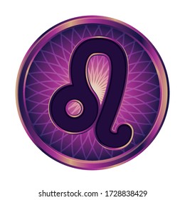 Zodiac sign Leo. Vector icon in purple colors, round button for sites with horoscopes and astrological themes. Isolated pictogram on a white background with a symbol