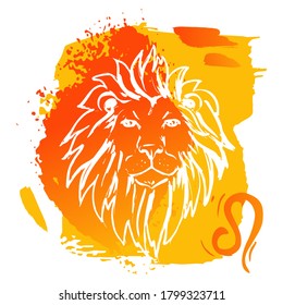 
Zodiac sign Leo. White Lion on a background of Yellow and Orange Spots of paint. Vector illustration