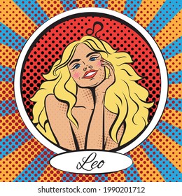 Zodiac sign Leo woman. Pop art vector illustration. Line art, ideal for poster, print, postcard, colouring book.	
