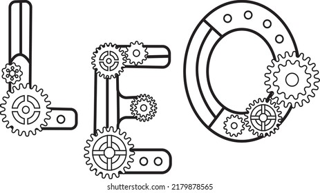 Zodiac sign   leo written in decorative font in steampunk style.  The  lion inscription is in the form of letters decorated with gears. The original decor for the horoscope. 
