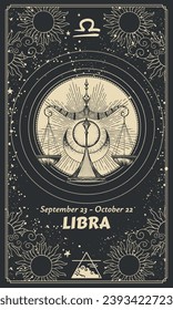 Zodiac sign Libra, astrological card on celestial black background with stars. Realistic vintage vector hand drawing, modern outline print.