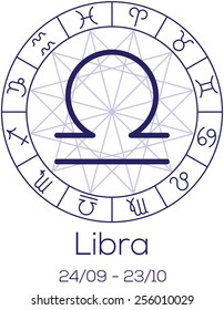 Zodiac sign - Libra. Astrological chart with symbols in wheel with polygonal background. Deep blue color with caption and dates. Vector illustration.