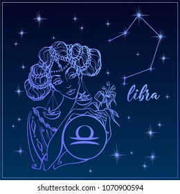 Zodiac sign Libra as a beautiful girl. The Constellation of Libra. Night sky.  Horoscope. Astrology. Victor