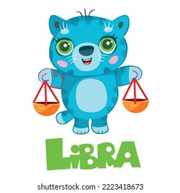 zodiac sign Libra, a blue cat holds a scale in each paw, the year of the cat, an isolated object on a white background, cartoon illustration, vector, eps