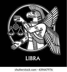 Zodiac sign Libra. Character of Sumerian mythology. The linear drawing, white contour isolated on a black background. Vector illustration. Print, posters, t-shirt, textiles.