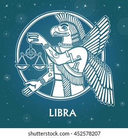 Zodiac sign Libra. Character of Sumerian mythology. Background - the star sky. Vector illustration.