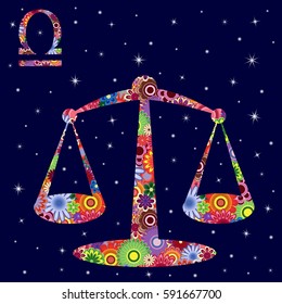 Zodiac sign Libra with colorful flowers fill on a background of the dark blue starry sky, vector illustration