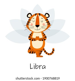 Zodiac sign Libra. Cute tiger in a yoga pose. Concept of horoscope for 2022, year of tiger according to Chinese calendar. Vector stock flat hand-drawn illustration isolated on white background