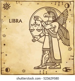 Zodiac sign Libra. Drawing based on motives of Sumerian art. Full growth. Background - imitation of old paper, space symbols. The place for the text. Vector illustration.