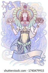 Zodiac sign of Libra, element of Air. Intricate linear drawing isolated on white background. Soft pastel celestial palette. A4 vertical format. EPS10 vector illustration.